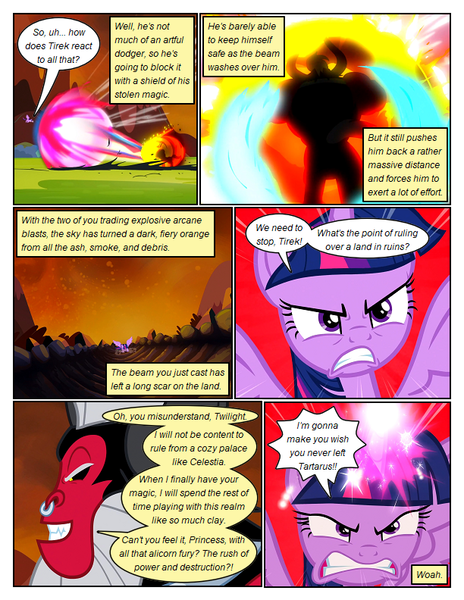 Size: 612x792 | Tagged: safe, artist:newbiespud, derpibooru import, edit, edited screencap, screencap, lord tirek, twilight sparkle, twilight sparkle (alicorn), alicorn, centaur, pony, taur, comic:friendship is dragons, twilight's kingdom, angry, blast, comic, dialogue, explosion, eyelashes, female, glow, glowing horn, gritted teeth, horn, image, magic, magic blast, male, mare, nose piercing, nose ring, piercing, png, screencap comic, teeth