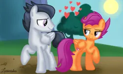 Size: 1200x720 | Tagged: safe, artist:mlplary6, derpibooru import, rumble, scootaloo, pegasus, pony, female, heart, image, looking at each other, looking at someone, love, male, mare, older, older rumble, older scootaloo, png, rumbloo, shipping, smiling, smiling at each other, stallion, straight, sun, tree