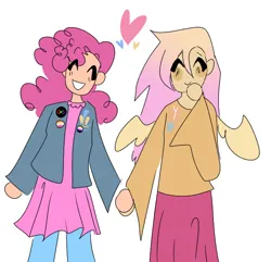 Size: 718x691 | Tagged: safe, artist:nachosforfree, derpibooru import, fluttershy, pinkie pie, human, equestria girls, clothes, duo, eyes closed, female, flutterpie, heart, holding hands, image, jacket, lesbian, lesbian pride flag, png, pride, pride flag, shipping, simple background, skirt, smiling, white background