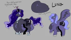 Size: 1137x640 | Tagged: safe, artist:nachosforfree, derpibooru import, princess luna, alicorn, pony, image, jewelry, png, regalia, side view, solo, spread wings, text, wings