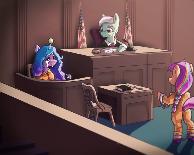 Size: 2468x1976 | Tagged: safe, artist:nyanakaru, derpibooru import, izzy moonbow, sunny starscout, american flag, bad end, clothes, commissioner:rainbowdash69, courtroom, crying, cuffs, flag, g5, image, judge, never doubt rainbowdash69's involvement, png, prison outfit, prisoner, shackles