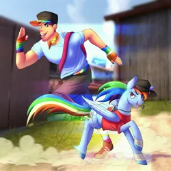 Size: 4096x4096 | Tagged: safe, artist:lycantrin, derpibooru import, rainbow dash, human, pegasus, pony, bandage, bonk, clothes, colored hooves, colored wings, crossover, dog tags, duo, dust cloud, element of loyalty, female, image, jpeg, male, mare, outdoors, painted nails, pony in clothes, rainbow trail, running, scout, speed lines, tape, team fortress 2, unshorn fetlocks, wholesome, wings
