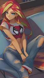 Size: 864x1536 | Tagged: safe, derpibooru import, editor:sammykun, machine learning generated, novelai, stable diffusion, sunset shimmer, human, equestria girls, brick wall, clothes, cosplay, costume, crossover, humanized, image, jeans, marvel, marvel comics, mary jane, midriff, pants, png, reference used, ripped jeans, ripped pants, shirt, spider-man, torn clothes
