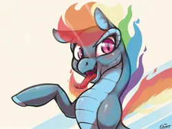 Size: 3000x2250 | Tagged: safe, artist:ebvert, derpibooru import, rainbow dash, dragon, hybrid, longma, them's fightin' herds, 2023, alternate color palette, community related, female, fire, image, jpeg, looking at you, open mouth, raised hoof, scales, signature, solo, tianhuo (tfh), tongue out