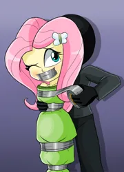Size: 463x644 | Tagged: safe, artist:gaggeddude32, derpibooru import, fluttershy, equestria girls, bondage, clothes, damsel in distress, duct tape, female, gag, gritted teeth, image, jpeg, kidnapped, sheet, tape, tape gag, teeth, tied up, tight clothing, wrapped up