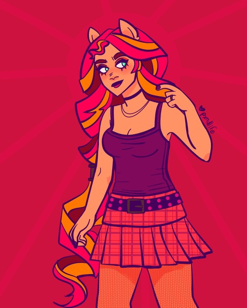 Size: 1280x1600 | Tagged: safe, artist:pxndlife, derpibooru import, sunset shimmer, human, equestria girls, belt, choker, clothes, image, jpeg, red background, simple background, skirt, smiling, solo, tanktop