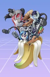 Size: 2450x3750 | Tagged: safe, alternate version, artist:fadlihalimns, derpibooru import, coloratura, octavia melody, vinyl scratch, earth pony, unicorn, 2020, banana, banana peel, eyes closed, food, guitar, headphones, image, microphone, musical instrument, old art, one eye closed, open mouth, png, stereo, violin, wub