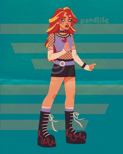 Size: 1280x1600 | Tagged: safe, artist:pxndlife, derpibooru import, sunset shimmer, human, equestria girls, boots, choker, clothes, fishnets, image, jpeg, midriff, platform boots, shoes, skirt, solo, tanktop