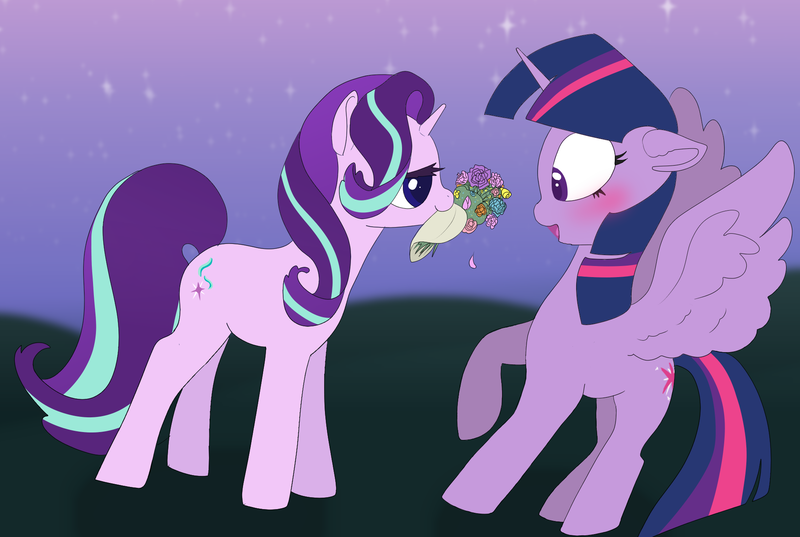 Size: 1952x1310 | Tagged: safe, artist:opal2023, derpibooru import, starlight glimmer, twilight sparkle, pony, unicorn, blushing, bouquet of flowers, couple, cute, duo, duo female, female, flower, glimmerbetes, image, lesbian, looking at each other, looking at someone, mare, mouth hold, night, open mouth, open smile, pair, png, shipping, smiling, smiling at each other, spread wings, stars, twiabetes, twistarlight, wings
