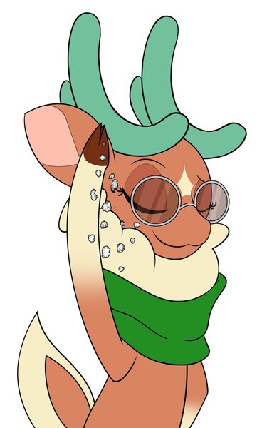Size: 1800x2933 | Tagged: safe, artist:mrneo, derpibooru import, cashmere (tfh), deer, reindeer, them's fightin' herds, antlers, clothes, cloven hooves, community related, eyebrows, eyes closed, female, food, high res, image, jpeg, raised eyebrow, salt, salt bae, scarf, smiling, solo, sunglasses