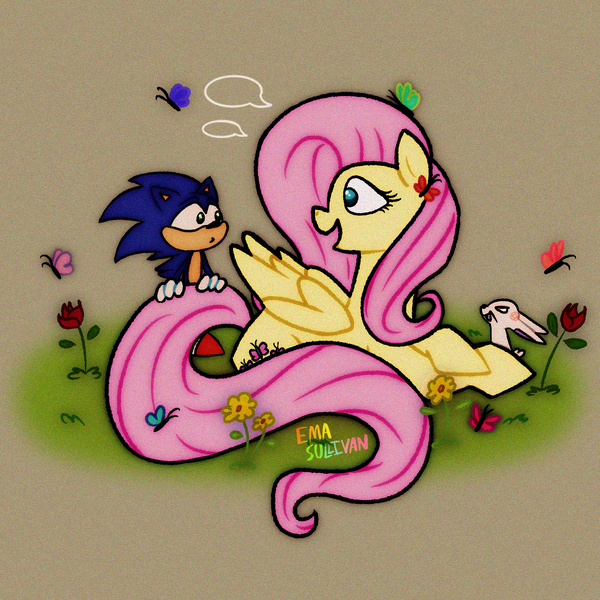 Size: 2048x2048 | Tagged: safe, artist:ema0rsully, derpibooru import, angel bunny, fluttershy, butterfly, insect, pegasus, pony, rabbit, animal, crossover, female, flower, high res, image, looking at each other, looking at someone, male, mare, open mouth, open smile, png, smiling, sonic the hedgehog, sonic the hedgehog (series), trio