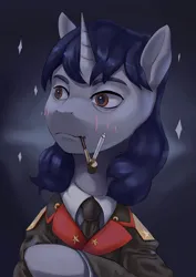 Size: 2480x3508 | Tagged: safe, artist:fly over, derpibooru import, oc, oc:starry night (eaw), pony, unicorn, equestria at war mod, blushing, cigarette, clothes, female, horn, image, mare, necktie, pipe, png, solo, solo female, unicorn oc, uniform