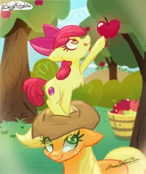 Size: 3440x4096 | Tagged: safe, artist:slightningdash, derpibooru import, apple bloom, applejack, earth pony, pony, apple, bow, bucket, bush, chest fluff, cowboy hat, cutie mark, female, filly, foal, food, freckles, grass, hair bow, hat, hill, image, jpeg, lightning, mare, reaching, shading, sibling love, siblings, sisterly love, sisters, smiling, standing on head, tongue out, tree