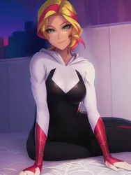 Size: 1020x1360 | Tagged: safe, derpibooru import, editor:sammykun, machine learning assisted, machine learning generated, novelai, stable diffusion, sunset shimmer, bed, bodysuit, breasts, clothes, cosplay, costume, hood, hoodie, image, jpeg, looking at you, marvel, marvel cinematic universe, reasonably sized breasts, reference used, short hair, sitting, solo, spider web, spider-gwen, superhero