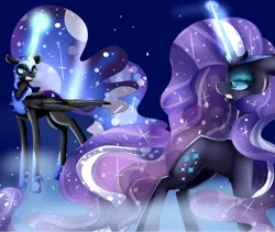 Size: 992x836 | Tagged: safe, artist:highrollerarchive, derpibooru import, nightmare moon, nightmare rarity, alicorn, pony, unicorn, angry, blue eyes, digital art, ethereal mane, eyelashes, eyeshadow, fangs, female, flowing mane, flowing tail, folded wings, glow, glowing horn, hoof shoes, horn, image, long horn, looking at each other, looking at someone, magic, makeup, mare, night, png, purple mane, sparkles, starry mane, starry tail, stars, tail, teeth, walking, wings
