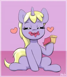 Size: 1456x1684 | Tagged: safe, artist:heretichesh, derpibooru import, dinky hooves, earth pony, pony, unicorn, cute, dinkabetes, eating, female, filly, floating heart, foal, food, heart, hoof hold, image, jpeg, messy eating, pie, signature, sitting, solo