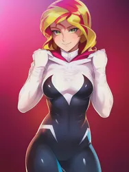 Size: 1020x1360 | Tagged: safe, derpibooru import, editor:sammykun, machine learning assisted, machine learning generated, novelai, stable diffusion, sunset shimmer, human, bodysuit, breasts, clothes, cosplay, costume, hood, hoodie, image, looking at you, marvel, marvel cinematic universe, png, reasonably sized breasts, reference used, short hair, solo, spider web, spider-gwen, standing, superhero