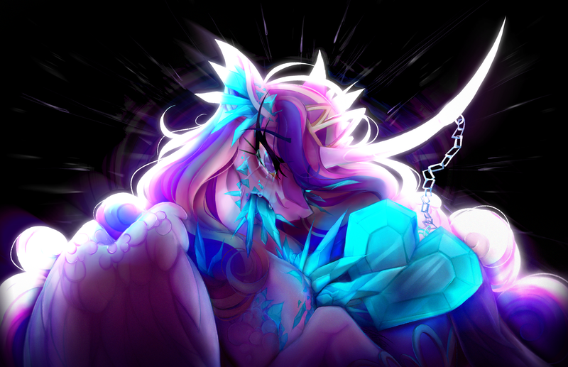 Size: 4100x2650 | Tagged: safe, artist:inspiredpixels, derpibooru import, princess cadance, alicorn, crystal pony, pony, absurd resolution, black background, chains, crown, crying, crystal, crystal heart, crystallized, curved horn, digital art, eyelashes, feather, female, flowing mane, horn, image, jewelry, long horn, mare, png, purple eyes, regalia, sad, simple background, solo, speedpaint, spread wings, teary eyes, wings