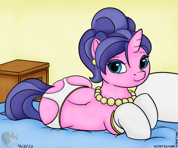 Size: 1088x909 | Tagged: suggestive, artist:wyntermoon, derpibooru import, cookie crumbles, pony, unicorn, bed, bedroom eyes, clothes, ear piercing, earring, female, image, jewelry, large butt, lidded eyes, lingerie, looking at you, lying down, makeup, mare, multicolored hair, necklace, on bed, piercing, png, smiling, smiling at you, socks, solo, stockings, thigh highs