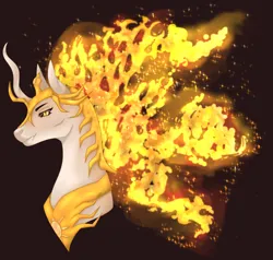 Size: 2754x2626 | Tagged: safe, artist:toge-kissed, derpibooru import, daybreaker, alicorn, pony, black background, bust, digital art, fangs, female, fire, flowing mane, helmet, high res, horn, image, looking at you, mane of fire, mare, peytral, png, portrait, simple background, smiling, solo, yellow eyes