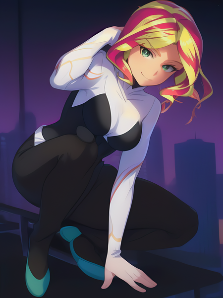 Size: 1020x1360 | Tagged: safe, derpibooru import, editor:sammykun, machine learning assisted, machine learning generated, novelai, stable diffusion, sunset shimmer, human, bodysuit, breasts, city, cityscape, clothes, cosplay, costume, crouching, eyebrows, eyebrows visible through hair, hood, hoodie, image, looking at you, marvel, marvel cinematic universe, night, png, reasonably sized breasts, reference used, short hair, smiling, smiling at you, solo, spider web, spider-gwen, superhero