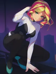 Size: 1020x1360 | Tagged: safe, derpibooru import, editor:sammykun, machine learning assisted, machine learning generated, novelai, stable diffusion, sunset shimmer, human, bodysuit, breasts, city, cityscape, clothes, cosplay, costume, crouching, eyebrows, eyebrows visible through hair, hood, hoodie, image, looking at you, marvel, marvel cinematic universe, night, png, reasonably sized breasts, reference used, short hair, smiling, smiling at you, solo, spider web, spider-gwen, superhero