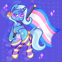 Size: 1280x1280 | Tagged: artist needed, safe, derpibooru import, trixie, pony, unicorn, clothes, digital art, ear piercing, earring, horn, image, jewelry, piercing, png, pride, pride flag, simple background, socks, solo, tail, thigh highs, trans trixie, transgender, transgender pride flag