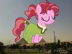 Size: 2048x1530 | Tagged: safe, artist:rustle-rose, derpibooru import, edit, editor:jaredking779, pepperberry (g4), earth pony, pony, background pony, cairo, clothes, egypt, eyes closed, female, giant pony, giantess, highrise ponies, image, irl, jpeg, macro, mare, photo, ponies in real life, smiling, solo, somnambula resident