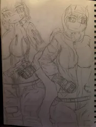 Size: 3024x4032 | Tagged: safe, derpibooru import, oc, unofficial characters only, anthro, anthro oc, clothes, duo, duo female, female, freckles, gun, hood, image, jpeg, lineart, looking at you, pencil drawing, ready to fight, sketch, sketchbook, stare, traditional art, weapon