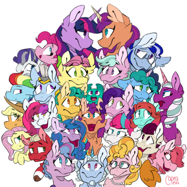 Size: 2000x2000 | Tagged: safe, artist:caprania, derpibooru import, alphabittle (g5), applejack, fluttershy, hitch trailblazer, izzy moonbow, phyllis cloverleaf, pinkie pie, pipp petals, posey (g5), princess twilight 2.0, queen haven, rainbow dash, rarity, rocky riff, sparky sparkeroni, sprout cloverleaf, sunny starscout, twilight sparkle, twilight sparkle (alicorn), zipp storm, alicorn, earth pony, pegasus, pony, unicorn, g4, g5, my little pony: a new generation, the last problem, spoiler:g5, argyle starshine, dahlia, group, image, jazz hooves, mane five (g5), mane six, misty brightdawn, older, older rainbow dash, older rarity, older twilight, opaline arcana, png, race swap, self paradox, self ponidox, simple background, sunnycorn, thunder (g5), transparent background, windy (g5), zoom zephyrwing