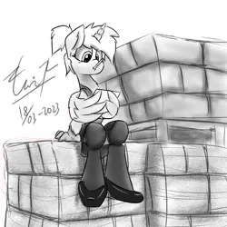 Size: 2048x2048 | Tagged: safe, artist:dianetgx, derpibooru import, oc, oc:silvia cascadia, unofficial characters only, hippogriff, boxes, clothes, grayscale, holding wing, horn, image, jpeg, monochrome, paperwork, pigtails, shoes, signature, sitting, skirt, socks, solo, uniform, vest