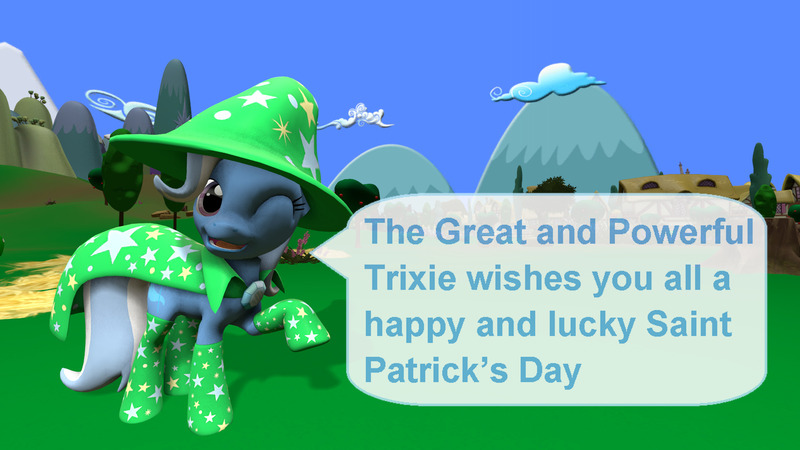 Size: 1920x1080 | Tagged: safe, artist:ask-the-luna-knight, derpibooru import, trixie, pony, unicorn, 3d, dialogue, holiday, image, jpeg, one eye closed, saint patrick's day, source filmmaker, speech bubble, text, wink