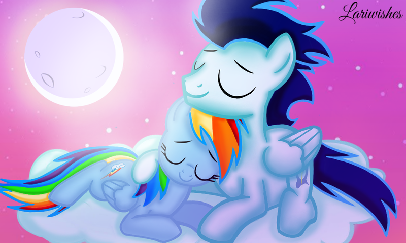 Size: 1200x720 | Tagged: safe, artist:mlplary6, derpibooru import, rainbow dash, soarin', pegasus, pony, cloud, eyes closed, female, image, lying down, male, mare, moon, moonlight, night, png, romantic, shipping, sky, snuggling, soarindash, stallion, straight