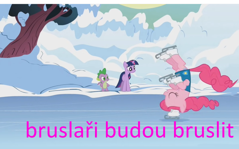 Size: 1600x1000 | Tagged: safe, derpibooru import, edit, edited screencap, screencap, pinkie pie, spike, twilight sparkle, dragon, earth pony, pony, unicorn, season 1, winter wrap up, bruslaři budou bruslit, confused, eyes closed, female, frown, haters gonna hate, ice skating, ice skating pinkie pie, image, male, mare, meme, png, skaters gonna skate, standing, trio, unicorn twilight