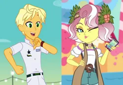 Size: 1506x1050 | Tagged: safe, derpibooru import, edit, edited screencap, screencap, vignette valencia, human, equestria girls, equestria girls series, rollercoaster of friendship, spring breakdown, spoiler:eqg series (season 2), cropped, female, hand on hip, image, male, mobile phone, one eye closed, phone, png, ragamuffin (g4), raganette, shipping, shipping domino, straight, wink