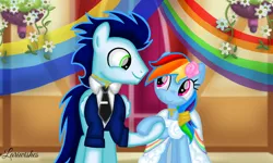 Size: 1200x720 | Tagged: safe, artist:mlplary6, derpibooru import, rainbow dash, soarin', pegasus, pony, bride, clothes, dress, female, flower, groom, holding hooves, husband and wife, image, looking at each other, looking at someone, male, mare, marriage, png, romantic, shipping, smiling, smiling at each other, soarindash, stallion, straight, wedding, wedding dress