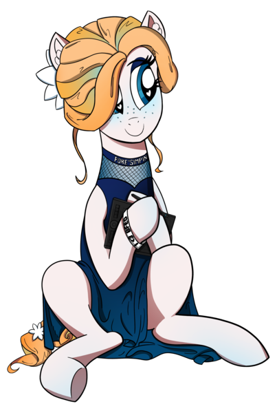 Size: 2464x3671 | Tagged: safe, artist:sluttershy, derpibooru import, oc, oc:noelle nights, unofficial characters only, earth pony, pony, clothes, drawing tablet, dress, earth pony oc, female, flower, flower in hair, freckles, image, mare, png, solo, tablet, wacom, wristband