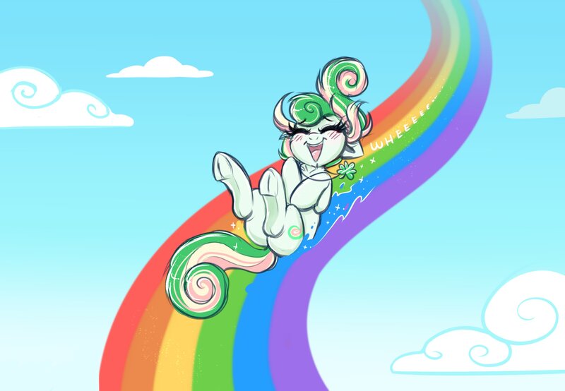 Size: 2888x2000 | Tagged: safe, artist:confetticakez, derpibooru import, oc, oc:lucky charm, unofficial characters only, earth pony, pony, blushing, earth pony oc, eyes closed, happy, image, jpeg, open mouth, open smile, rainbow, smiling, solo, underhoof
