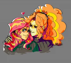 Size: 1336x1177 | Tagged: safe, artist:drizzledazzle, derpibooru import, adagio dazzle, sunset shimmer, equestria girls, duo, female, gray background, image, jpeg, lesbian, shipping, simple background, sunsagio