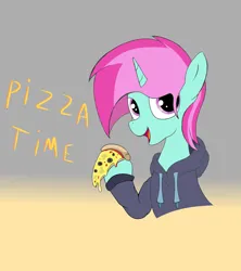 Size: 1600x1800 | Tagged: safe, artist:amateur-draw, derpibooru import, oc, oc:belle boue, unofficial characters only, pony, unicorn, clothes, fast food, food, gradient background, hoodie, image, looking at you, male, pizza, png, solo, stallion, text