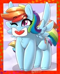 Size: 908x1122 | Tagged: safe, artist:llametsul, derpibooru import, rainbow dash, pegasus, pony, colored, cute, female, image, mare, mouth hold, one eye closed, png, simple background, solo, spread wings, wings