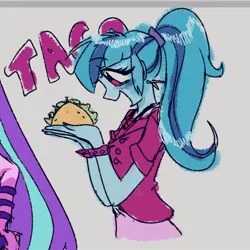 Size: 556x556 | Tagged: safe, artist:dulcesilly, derpibooru import, aria blaze, sonata dusk, equestria girls, cute, food, happy, image, jpeg, open mouth, open smile, sketch, smiling, solo focus, sonatabetes, sonataco, taco