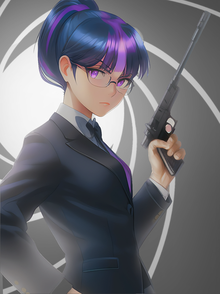 Size: 1020x1360 | Tagged: safe, derpibooru import, editor:sammykun, machine learning assisted, machine learning generated, novelai, stable diffusion, sci-twi, twilight sparkle, human, equestria girls, g4, clothes, cosplay, costume, female, glasses, gun, half body, humanized, image, james bond, looking at you, png, ponytail, prompter:sammykun, serious, serious face, solo, solo female, suit, tuxedo, weapon