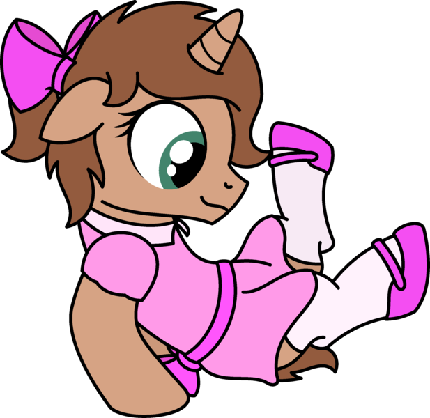 Size: 2655x2580 | Tagged: safe, artist:peternators, derpibooru import, oc, oc:heroic armour, unofficial characters only, pony, unicorn, bow, clothes, colt, crossdressing, dress, fake eyelashes, floppy ears, foal, hair bow, image, male, mary janes, png, ponytail, shoes, simple background, smiling, socks, solo, thigh highs, transparent background