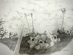 Size: 3482x2611 | Tagged: safe, artist:widelake, derpibooru import, apple bloom, scootaloo, sweetie belle, earth pony, pegasus, pony, unicorn, cloud, cloudy, cutie mark crusaders, female, filly, foal, image, jpeg, pencil drawing, sunset, swing, traditional art, tree, trio