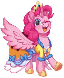 Size: 1632x1986 | Tagged: safe, artist:moonseeker, derpibooru import, pinkie pie, alicorn, pony, alicornified, clothes, crown, dress, feral, horn, image, jewelry, pinkiecorn, png, race swap, regalia, wings, xk-class end-of-the-world scenario