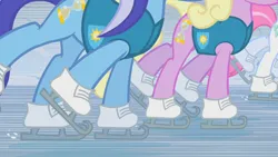 Size: 1280x720 | Tagged: safe, derpibooru import, screencap, minuette, spring forward, earth pony, pony, unicorn, winter wrap up, duo focus, female, ice skating, image, mare, offscreen character, png