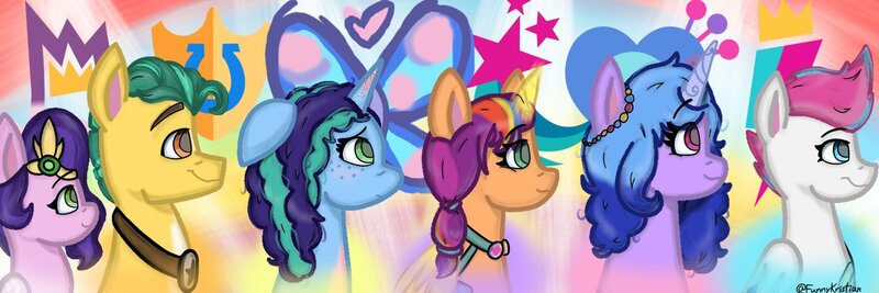 Size: 1500x500 | Tagged: safe, artist:funnykristian, derpibooru import, hitch trailblazer, izzy moonbow, pipp petals, sunny starscout, zipp storm, alicorn, earth pony, pegasus, pony, unicorn, g5, my little pony: a new generation, applejack (g5 concept leak), applejack (g5), female, fluttershy (g5 concept leak), fluttershy (g5), g5 concept leaks, image, jpeg, male, mane five (g5), mane six (g5), misty brightdawn, pinkie pie (g5 concept leak), pinkie pie (g5), race swap, rainbow dash (g5 concept leak), rainbow dash (g5), rarity (g5 concept leak), rarity (g5), sunnycorn, twilight sparkle (g5 concept leak), twilight sparkle (g5)