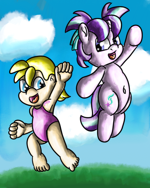 Size: 2400x3000 | Tagged: safe, artist:saburodaimando, derpibooru import, starlight glimmer, oc, oc:wanda young, human, pony, unicorn, duo, female, filly, filly starlight glimmer, human oc, image, leaping, midair, png, starlight glimmer day, younger