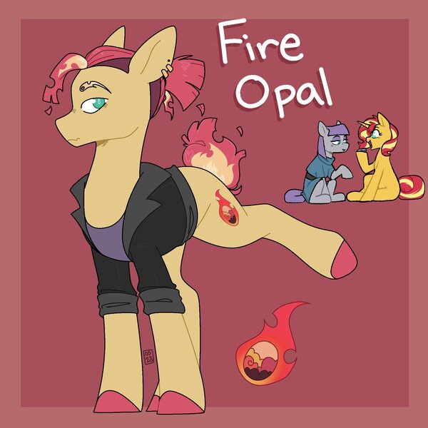 Size: 2000x2000 | Tagged: safe, artist:0rionofthestars, derpibooru import, maud pie, sunset shimmer, oc, oc:fire opal, earth pony, unicorn, duo, female, image, jpeg, lesbian, magical lesbian spawn, offspring, parents:maudset, shipping, trio